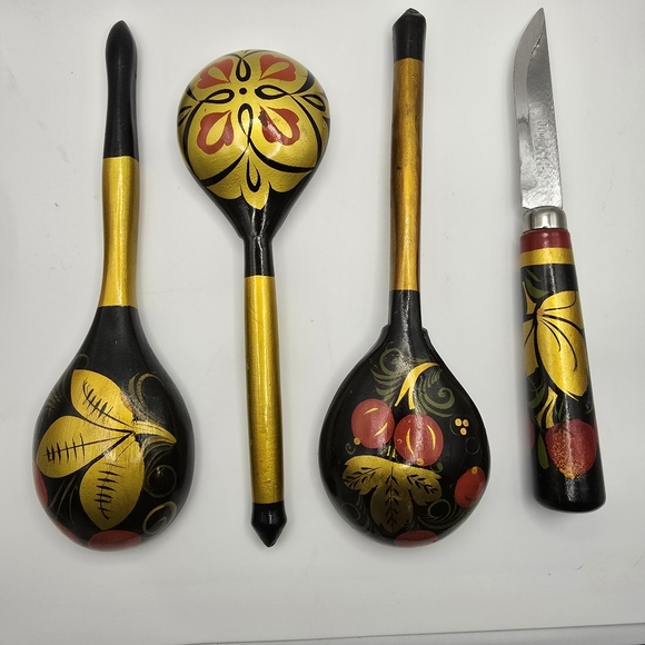Vintage Russian Spoons Knife Set Of 4 Hand-painted +/- 8 Inches Long - Picture 4 of 6